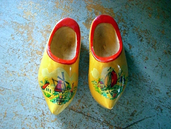 Vintage Wooden Shoes Dutch Shoes Made in Holland Red Trim