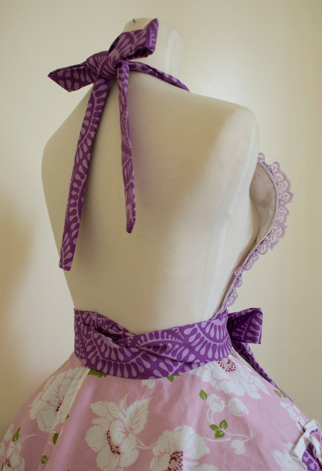 Womens Full Apron with Lilac and Purple Flower pattern