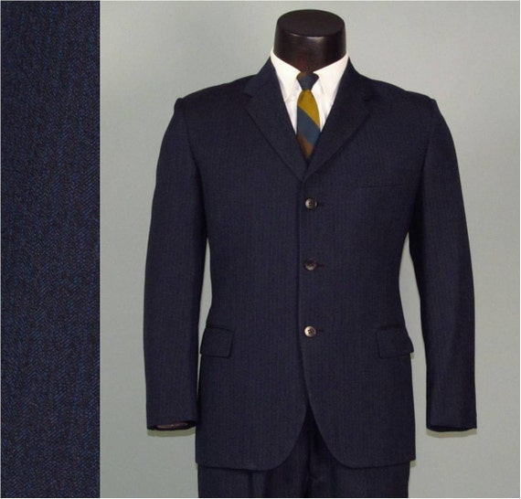 Vintage Mens Suit 1960s BRITISH MOD Navy and Black Wool Weave