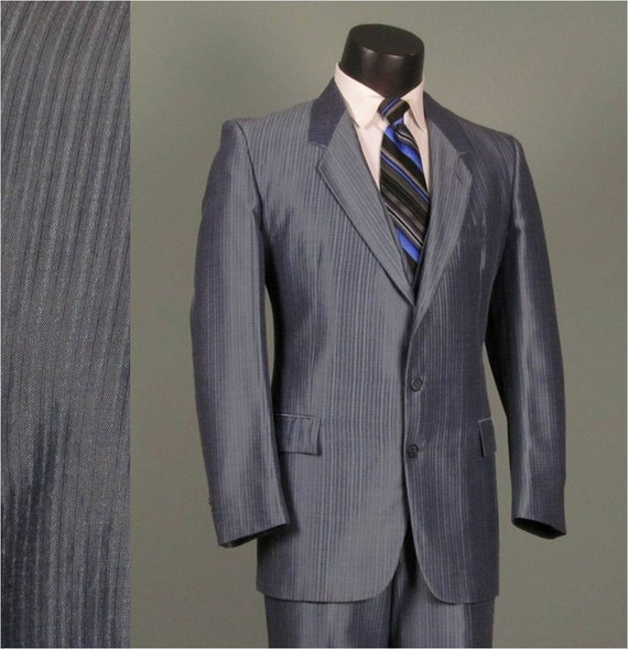 Vintage Mens Suit 1970s Groovy Iridescent Steel Blue 3 Three