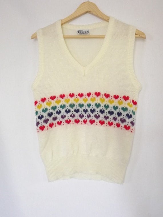 Vintage Cream Sweater Vest with Rainbow Hearts by Golden22vintage