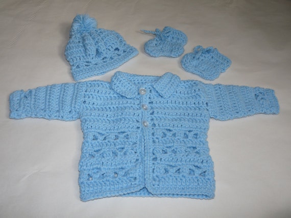 Baby boy crochet blue layette outfit sweater jacket hat and