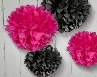 Tissue Paper Pom Poms in Hot Pink and Black - Set of 4 Poms - More colors available