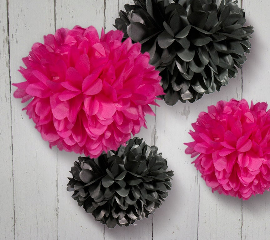 Tissue Paper Pom Poms in Hot Pink and Black Set of 4 Poms