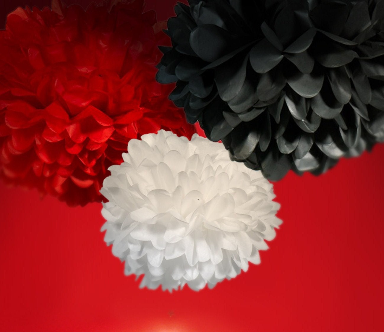 Tissue Paper Pom Poms in Red Black and White Set of 3