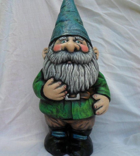 Ceramic Garden Gnome 14 inches hand painted lawn or garden