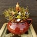 Primitive Red Soup Crock with Sweet Annie, Dried Flowers and Grungy Candle 011