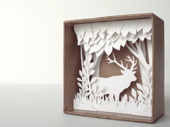 White Forest shadow box papercut silhouette natural style