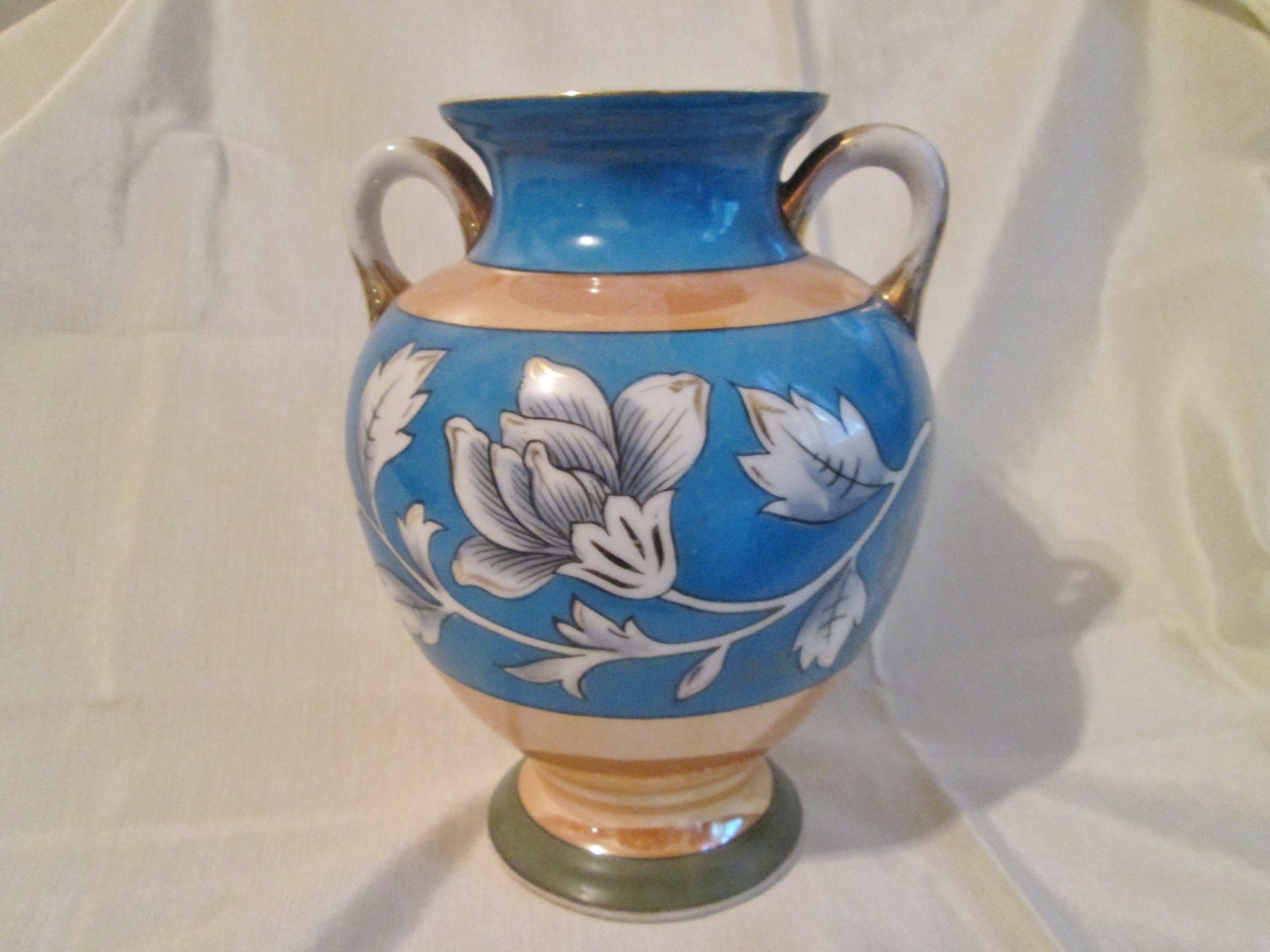 ANTIQUE NORITAKE VASE. Black Floral on Blue Gold Green
