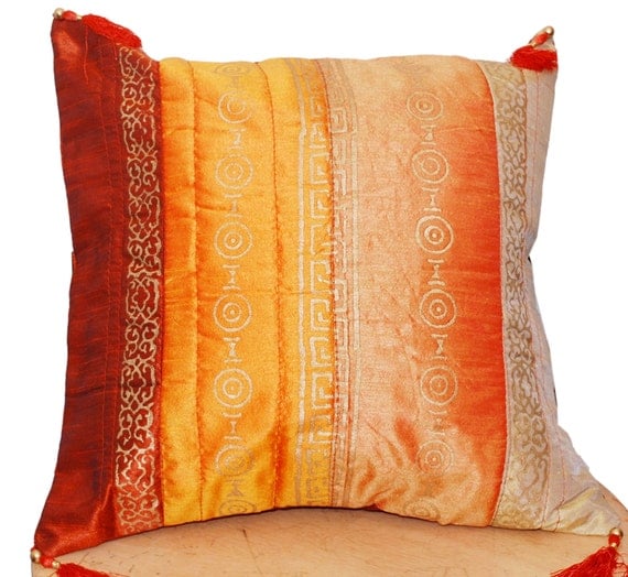 Orange Mustard Rust Pillow Cover Tasseled Pillow Decorative