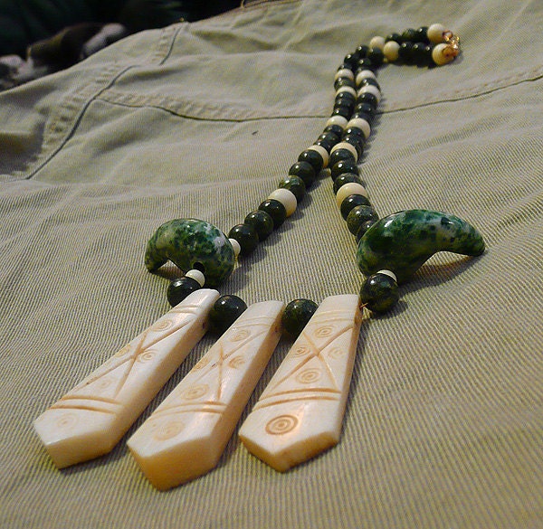 The Greenbone Necklace Carved Bone Pendants and Shaped Stone