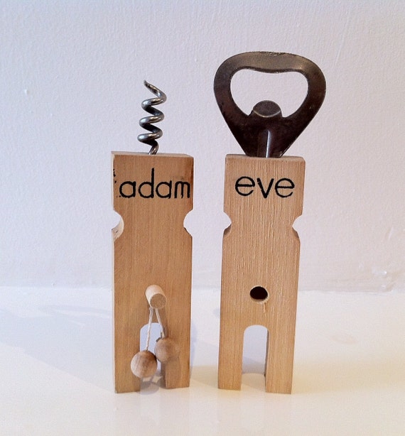 Vintage Wooden Corkscrew and Bottle Opener Adam and Eve