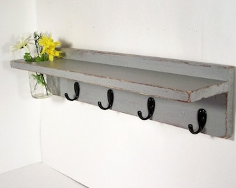 Wood shelf 4 key hooks with floral wall vase, coat hooks, wood, sconce, home decor, shabby chic, country style, painted Vintage Gray
