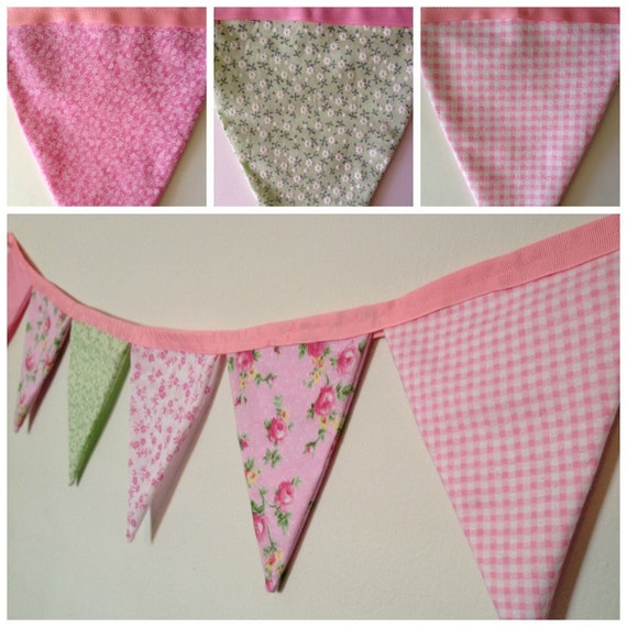 Shabby Chic Fabric Pennant Banner in Romantic Pinks and Greens