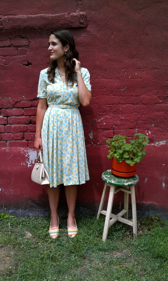 Vintage Aqua & Mint Tiffany Travels 1950s Zip Front Day Dress
