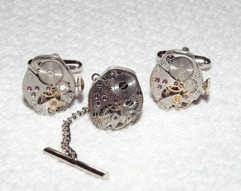 SALE Steampunk Watch Movement Cuff Links and Tie Tack