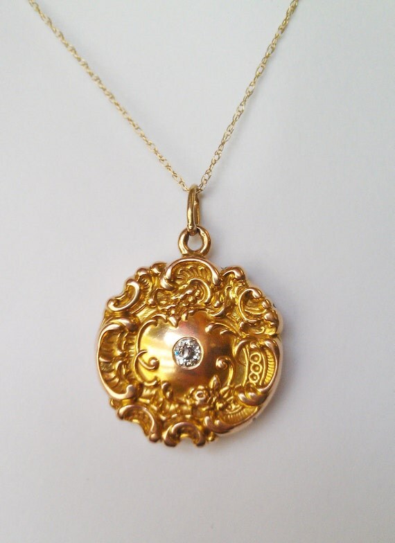 Ornate Antique 14K Gold Locket with Diamond by infinitetreasures4