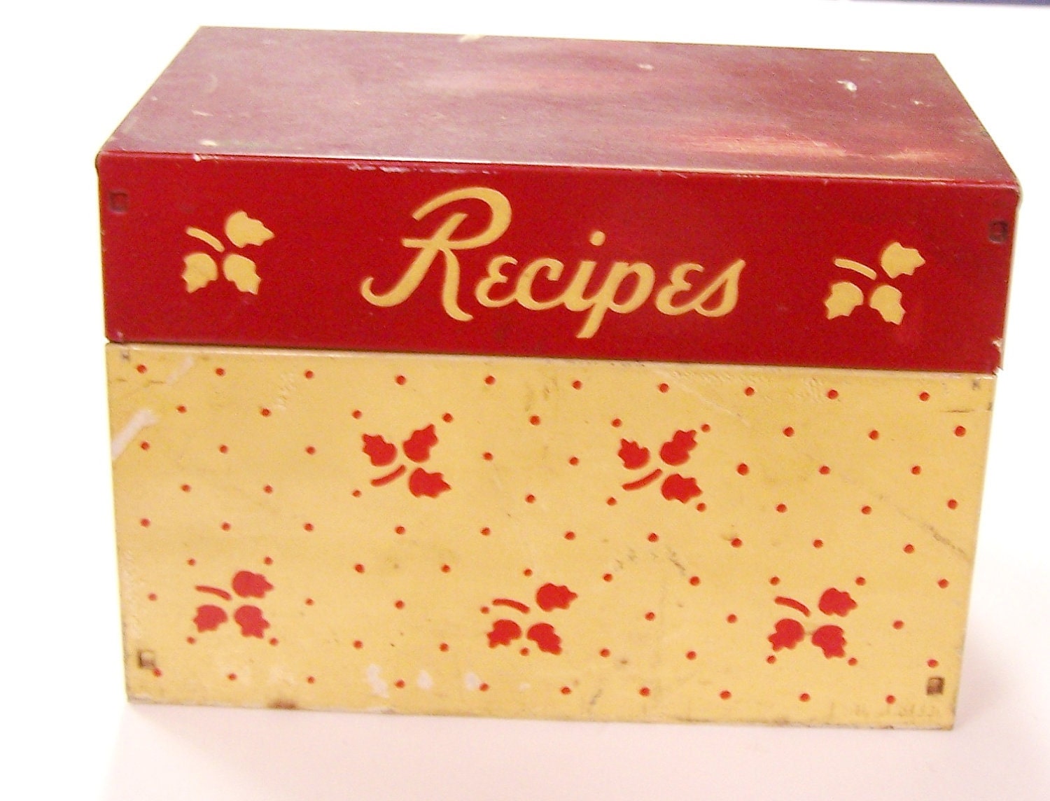 Vintage tin recipe box full of recipes red yellow