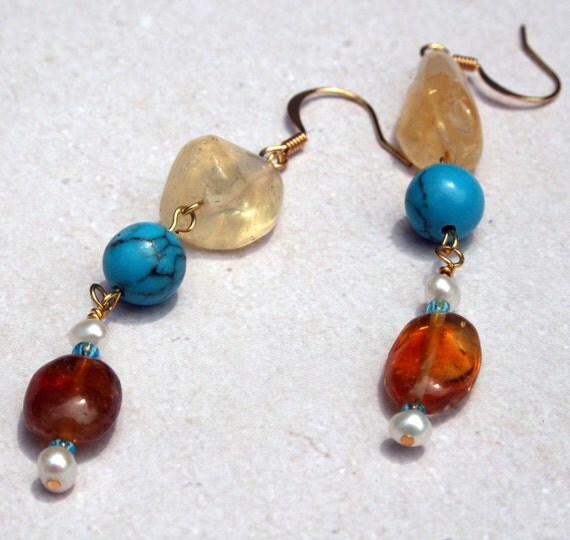 Citrine Nuggets Pearl and Turquoise Earrings gold filled 14k.