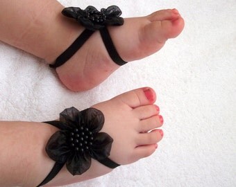 Black Flower Baby Barefoot Sandals - Baby Sandals - Barefoot Sandals-Handmade Baby Sandals with Cute Yoyo