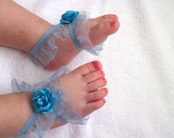 Blue Rose Baby Barefoot Sandals - Baby Sandals - Barefoot Sandals-Handmade Baby Sandals with Cute Yoyo