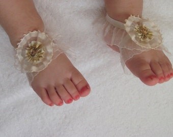 Cream Flower Baby Barefoot Sandals - Baby Sandals - Barefoot Sandals-Handmade Baby Sandals with Cute Yoyo