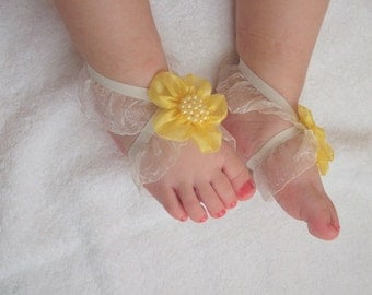 Yellow Flower Baby Barefoot Sandals - Baby Sandals - Barefoot Sandals-Handmade Baby Sandals with Cute Yoyo