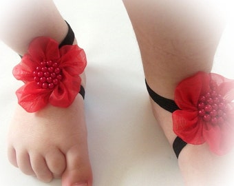Red Flower Baby Barefoot Sandals - Baby Sandals - Barefoot Sandals-Handmade Baby Sandals with Cute Yoyo