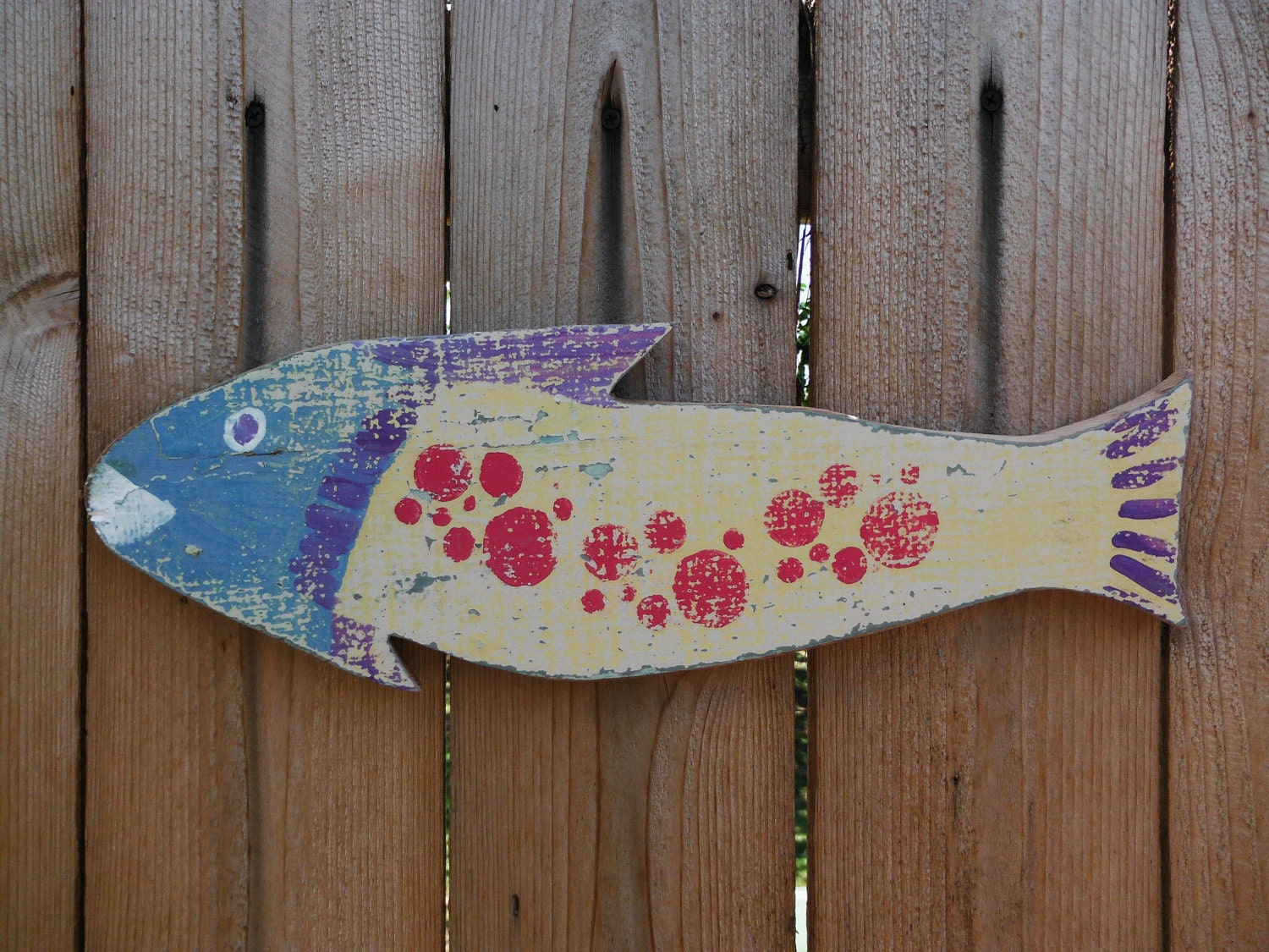 Painted Wooden Folk Art Polka Dot Fish Made from Repurposed