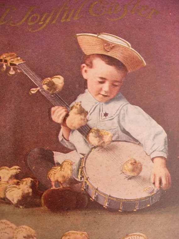 1910 Antique Easter Postcard Boy Playing a Banjo with Chicks