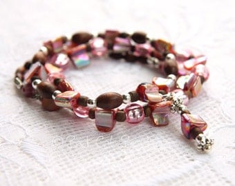 Plum Bead Stretch Bracelet, Brown, Purple Pink, Silver