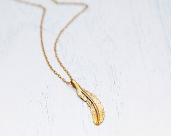 Feather necklace, gold necklace, extra LONG necklace, feather pendant, gold feather jewelry, dainty gold necklace, feather pendant