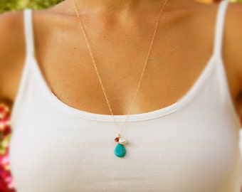 Turquoise necklace, LONG necklace, Natural Turquoise and Coral necklace, Freshwater Pearl Gold necklace, gemstone necklace, gold fill