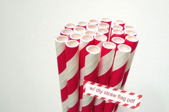Striped APPLE RED Paper Straws Red and White Stripe - set of 25 Apple Red Straws w/ DIY Straw Flags Pdf Il_570xn