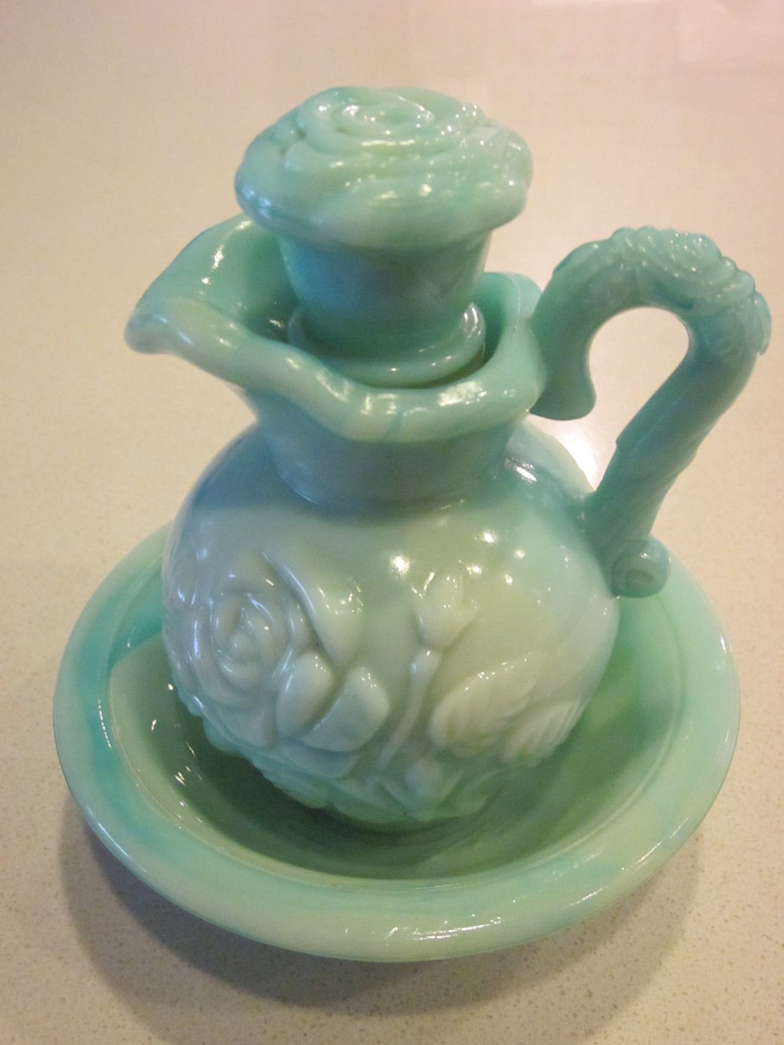 vintage green blue Avon bottle / bud vase / pitcher set w/