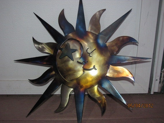 Aztec Sun / Moon, metal art, 2 piece, clear finish powder coat with custom heat application