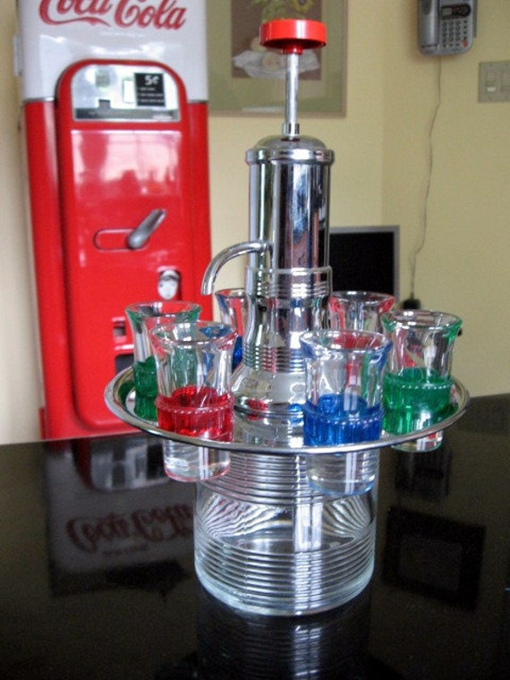 1950s Chrome and Glass Liquor Dispenser includes 6 shot