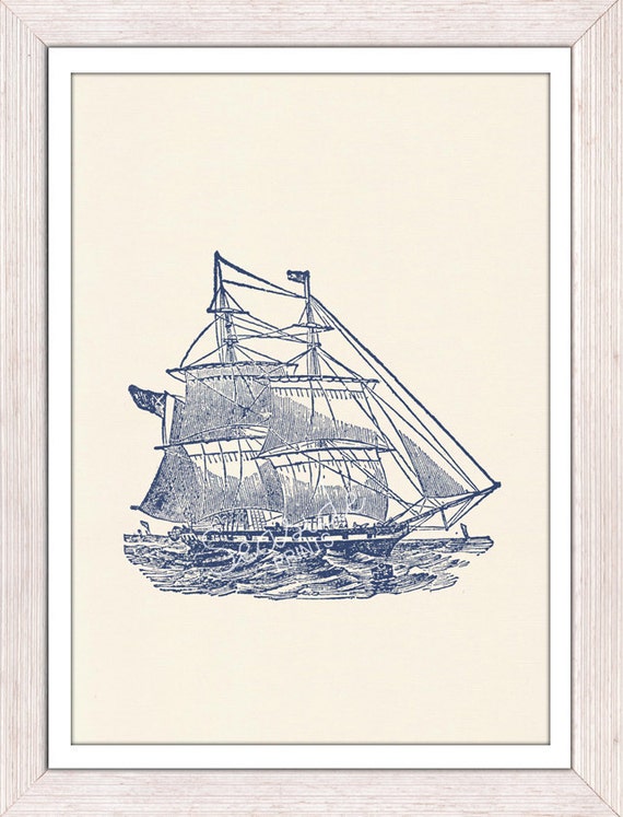 Vintage print Old Ship in blue sea life print by seasideprints