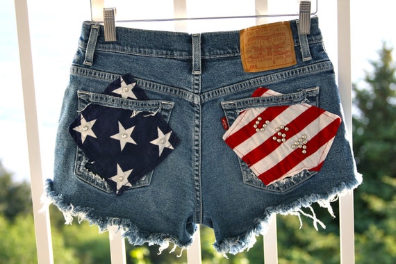 Items similar to Levis destroy denim shorts with flag and studs size ...