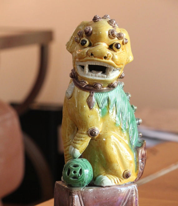 Large Ceramic Yellow and Green Foo Dog Porcelain Temple