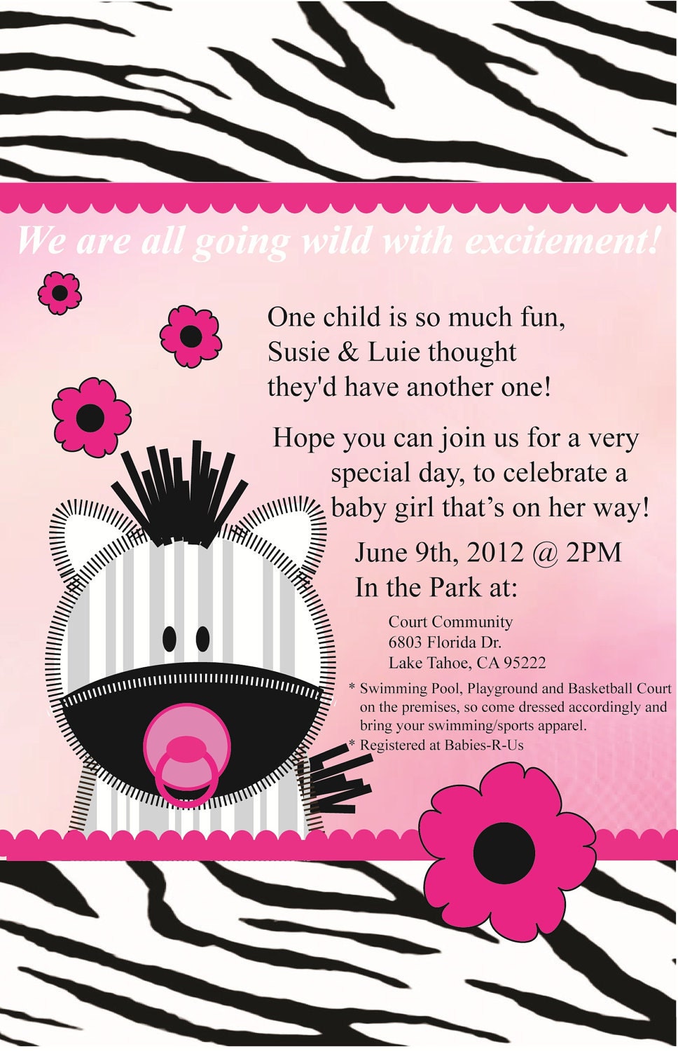 Zebra Baby Girl Invitations 2