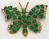 Vintage 1930s Rhinestone Butterfly Gold Tone Pot Metal Brooch Pin