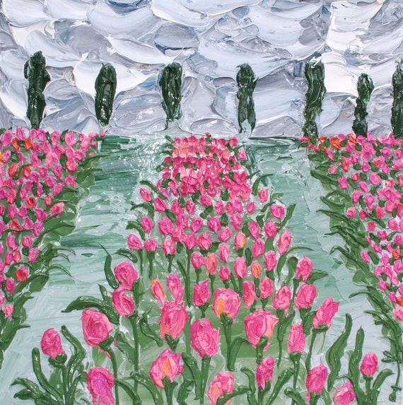 Items similar to Dreaming in Pink Floral Impasto Painting of Field of