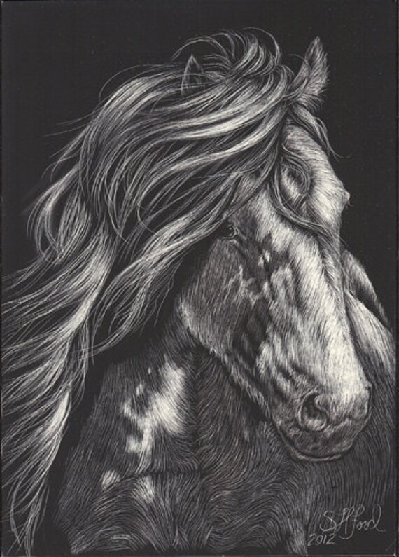 Items similar to Gypsy Vanner Horse Scratch Art Original on Etsy