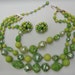 CIJ Sale: Green Vintage Necklace and Earrings, Beautiful 3-Strand (1950's-1960's)