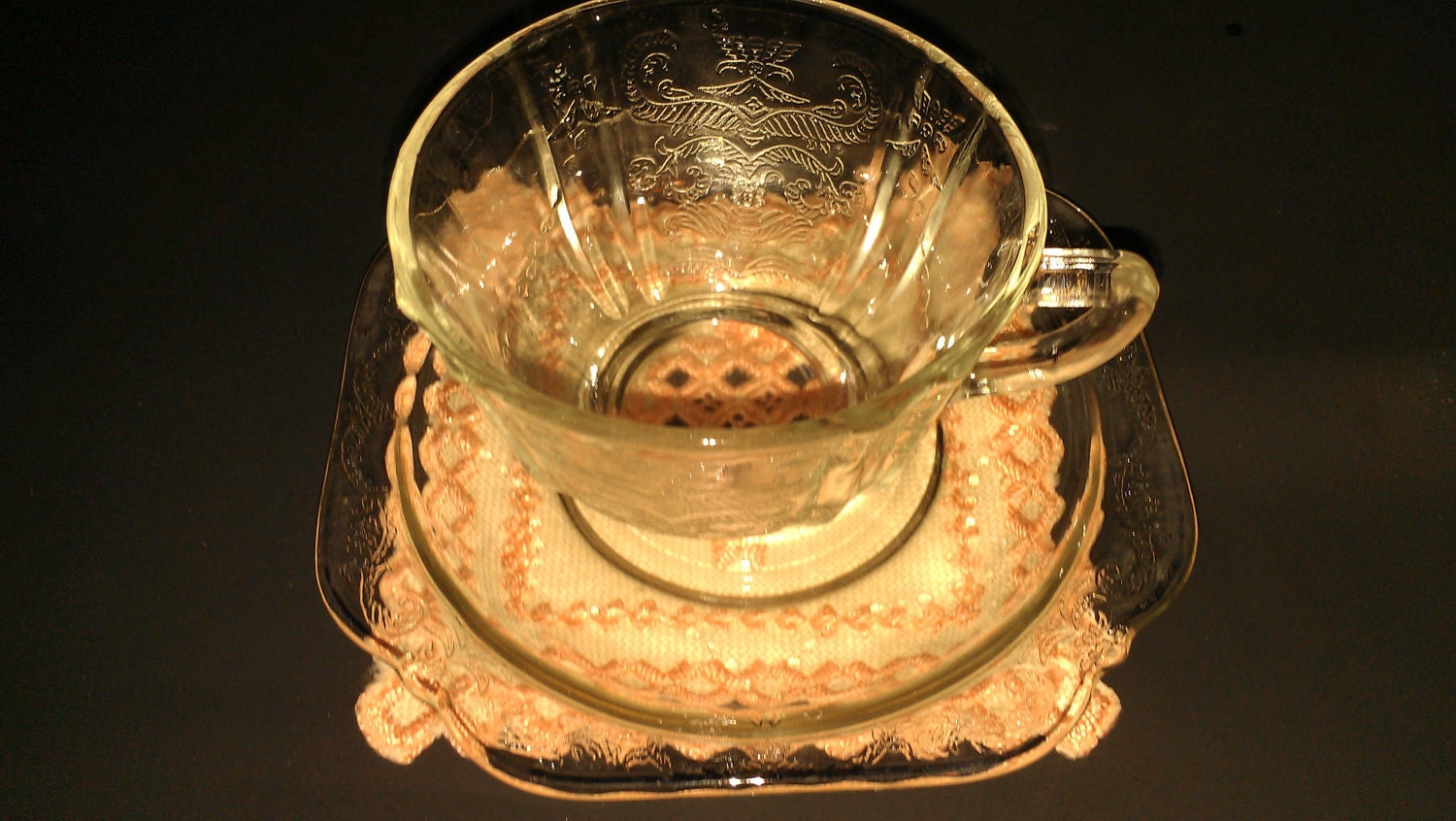 Clear glass tea cup and saucer set Madrid pattern
