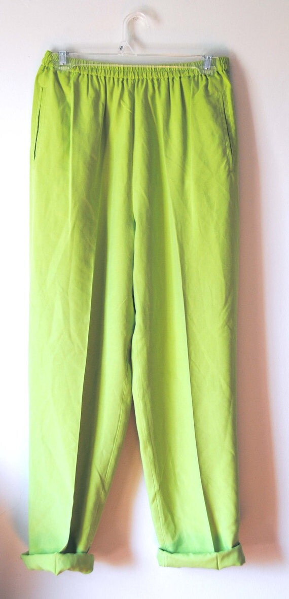 VTG. Women's Lime Green/Neon Silk Pants M by NIGHTWERKKVINTAGE