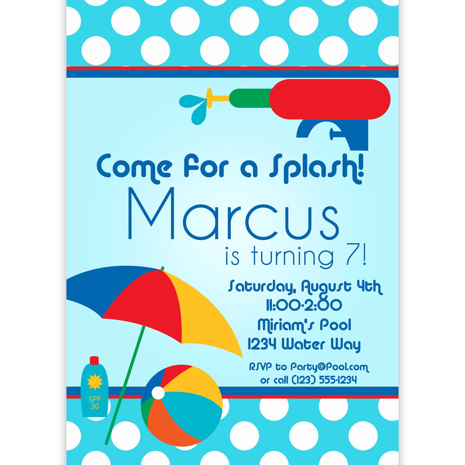  Pool Party Invitation Blue Polka Dots and Red Water Squirt