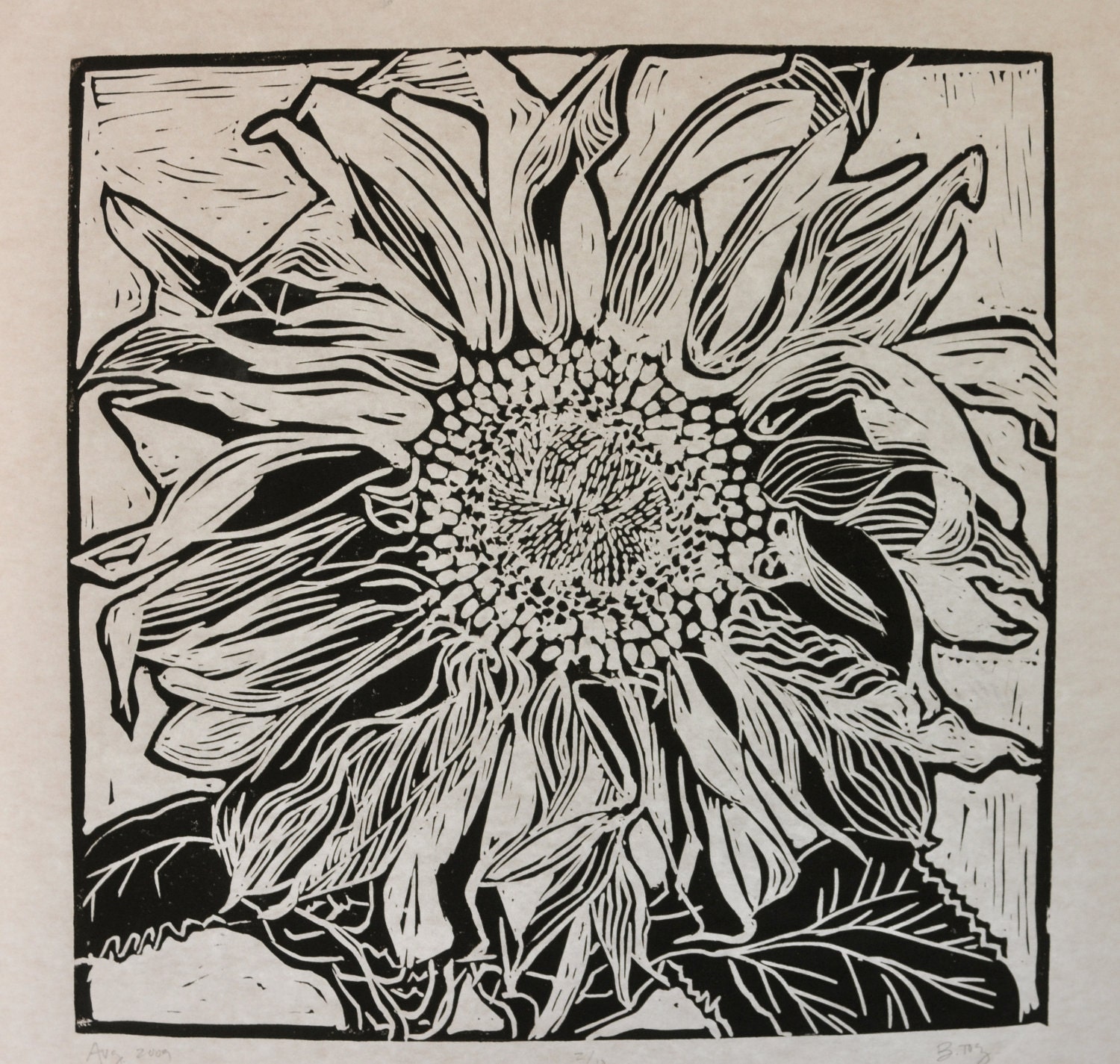 California Sunflower Handprinted Block Print Black and White