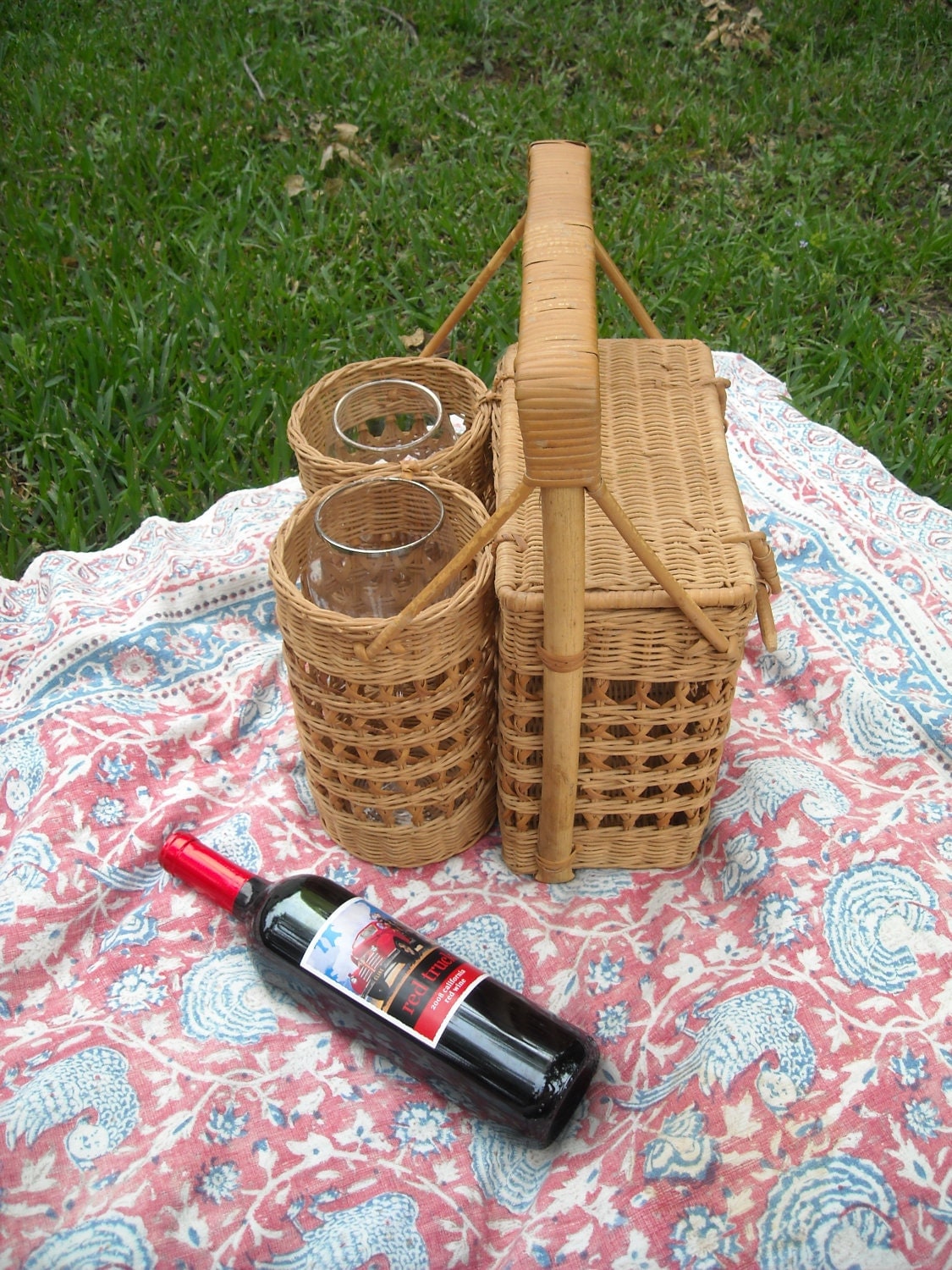 Vintage Picnic Basket with Wine Glass by CocoBearsHoneyHole